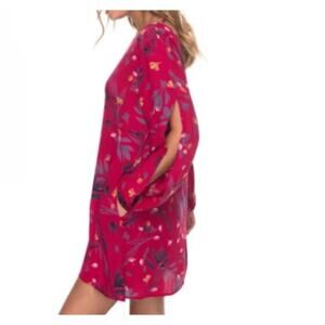 ROXY Floral Fuchsia Definitely Traveling Dress Semi-Open Back Open Sleeve Sz S